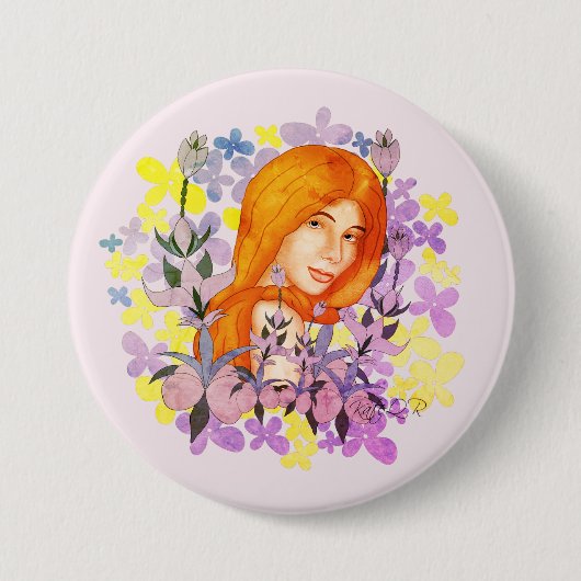 庭で可愛い赤毛の少女。水彩画 缶バッジ (正面)