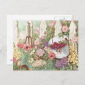 庭で土が笑う – ピケットフェンス ポストカード (正面/裏面)