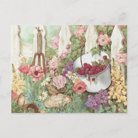 庭で土が笑う – ピケットフェンス ポストカード (正面)