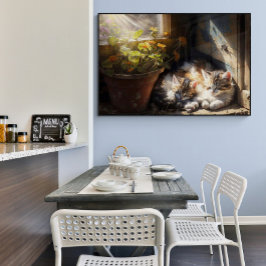 庭で子猫を昼寝させる油絵 ポスター