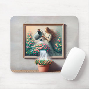 庭で散水缶を持つ女絵を描の子 マウスパッド