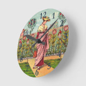 庭で花を育てる女性のアート・アンティーク ラウンド壁時計 (傾斜)