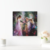 庭で遊ぶ3人の少女 スクエア壁時計 (ホーム)