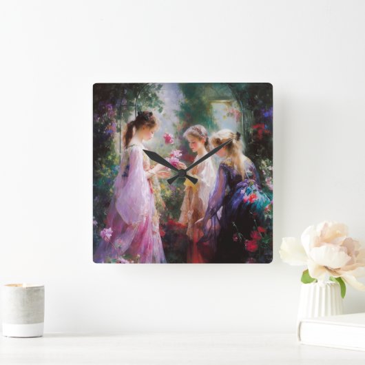 庭で遊ぶ3人の少女 スクエア壁時計 (ホーム)