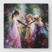 庭で遊ぶ3人の少女 スクエア壁時計 (正面)