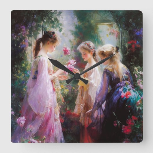 庭で遊ぶ3人の少女 スクエア壁時計 (正面)
