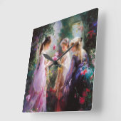 庭で遊ぶ3人の少女 スクエア壁時計 (傾斜)