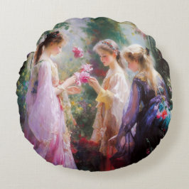 庭で遊ぶ3人の少女 ラウンドクッション