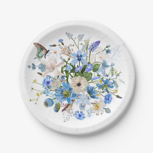 庭と熱帯の青い花の花束。 ペーパープレート (正面)