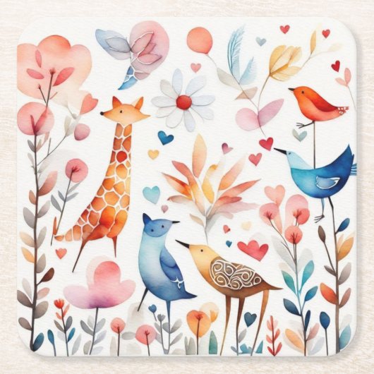 庭にかわいい動物 スクエアペーパーコースター (正面)