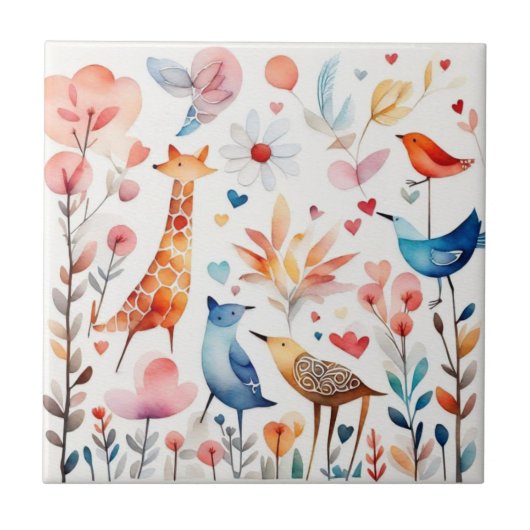 庭にかわいい動物 タイル (正面)