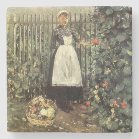 庭にバスケットをした野菜の少女 ストーンコースター (正面)