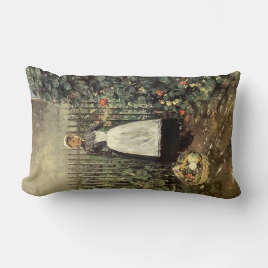 庭にバスケットをした野菜の少女 ランバークッション (正面)