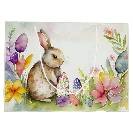 庭に卵を色彩の鮮やか持つイースターバニー ラージペーパーバッグ (裏面)