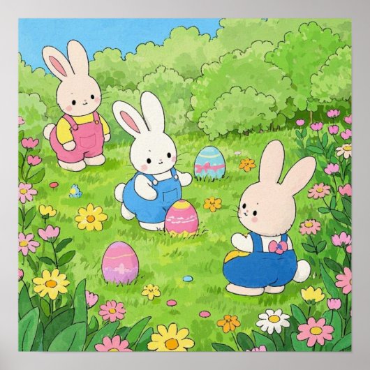 庭に卵を隠す漫画のイースターバニー ポスター (正面)