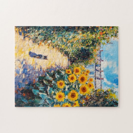 庭に描く猫の印象派の油絵 ジグソーパズル (横)