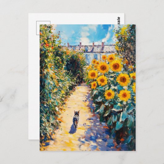 庭に描く猫の印象派の油絵 ポストカード (正面/裏面)
