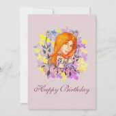 庭に素敵な女の子。水彩ハッピーバースデー シーズンカード (正面)