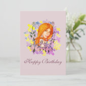 庭に素敵な女の子。水彩ハッピーバースデー シーズンカード (スタンド正面)