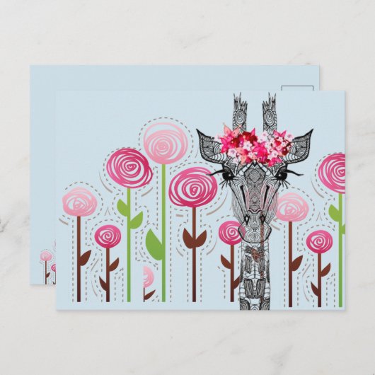 庭に花の冠を持つ美しいキリン ポストカード (正面/裏面)