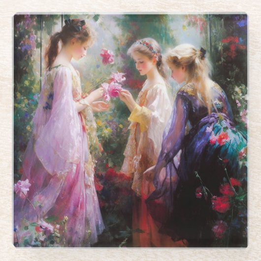 庭に遊三人の女の子がいる ガラスコースター (正面)