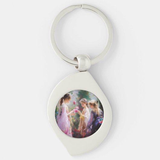 庭に遊三人の女の子がいる キーホルダー (正面)