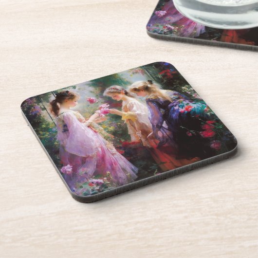 庭に遊三人の女の子がいる コースター (左側)