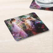 庭に遊三人の女の子がいる スクエアペーパーコースター (アングル)