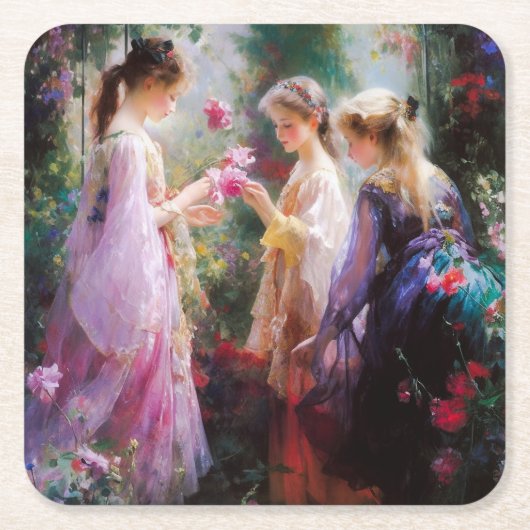 庭に遊三人の女の子がいる スクエアペーパーコースター (正面)