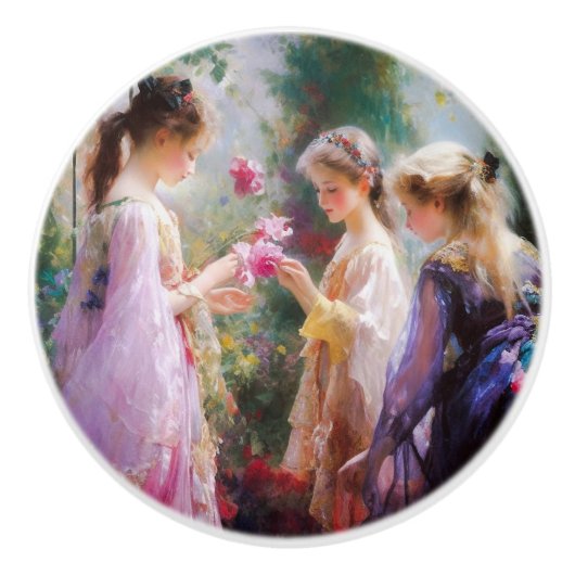 庭に遊三人の女の子がいる セラミックノブ (正面)