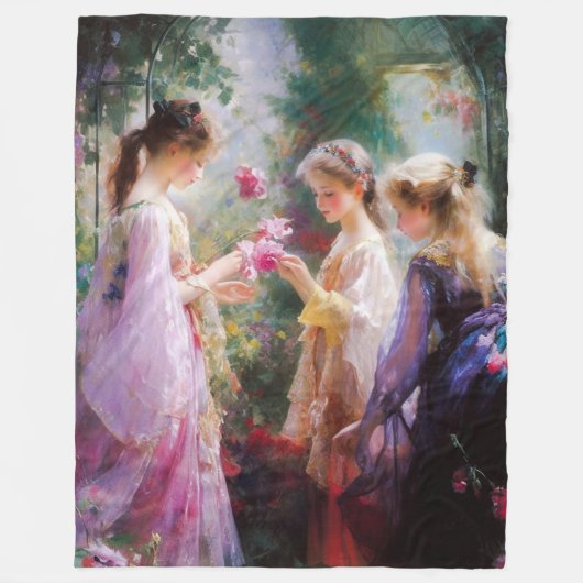 庭に遊三人の女の子がいる フリースブランケット (正面)
