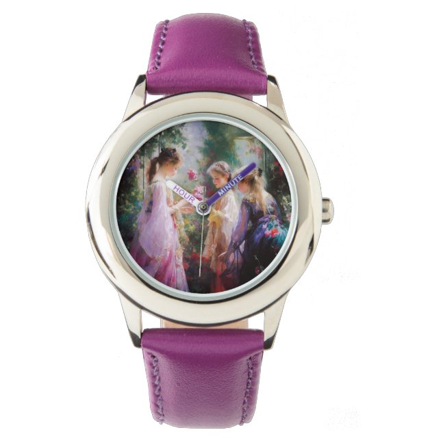 庭に遊三人の女の子がいる 腕時計 (正面)