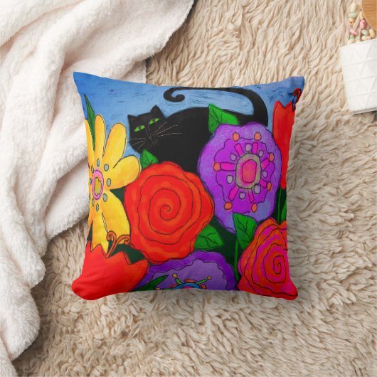 庭に黒猫 クッション (ブランケット)