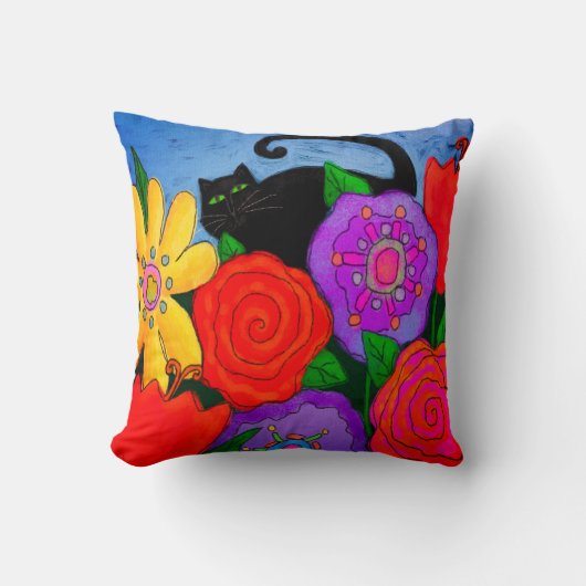 庭に黒猫 クッション (正面)