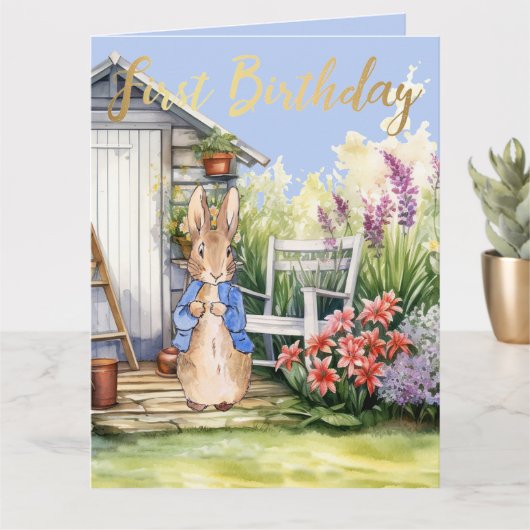 庭のうさぎの1歳の誕生日 カード (小さな植物)