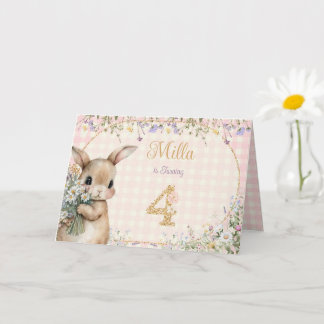 庭のうさぎ | ピンクの4歳の誕生日カード カード