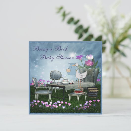 庭のお茶会は本のベビーシャワーを持って来ます 招待状 (スタンド正面)