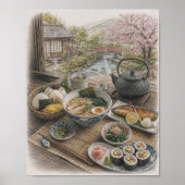 庭のほとりの和定食朝食 ポスター (正面)