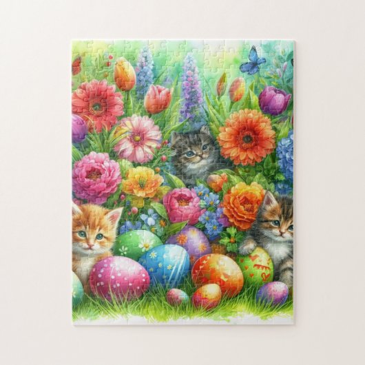 庭のイースターエッグと子猫と春の花 ジグソーパズル (縦)