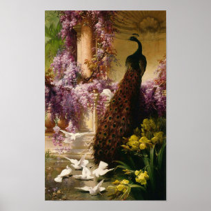 庭のクジャクと鳩、ウジェーヌ・ビドゥー ポスター