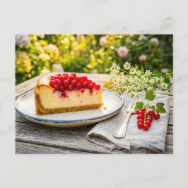 庭のテーブルの上のレッドカレントチーズケーキ ポストカード