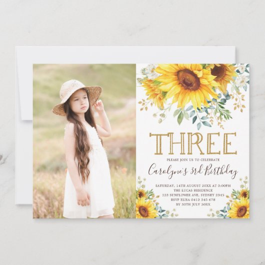 庭のヒマワリの緑の草木の第3誕生日の写真 招待状 (正面)