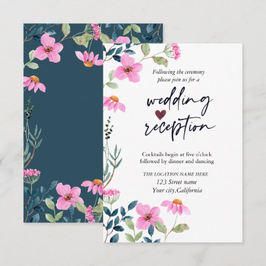 庭のピンクの花の歓迎 招待状 (正面/裏面)