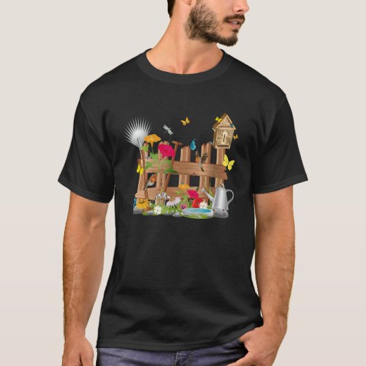 庭のフェンスの向こうのカラフルな庭の世界 Tシャツ (正面)