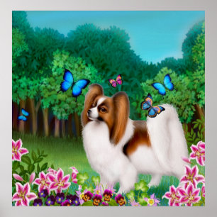 庭のプリントのPapillon犬 ポスター