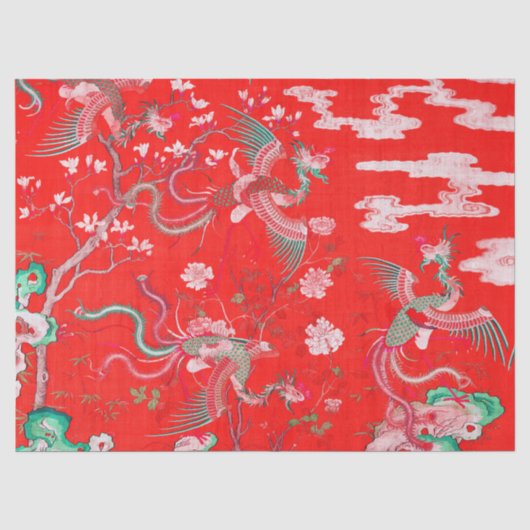 庭の五つの鳳凰 中国の赤い花 薄葉紙 (正面)