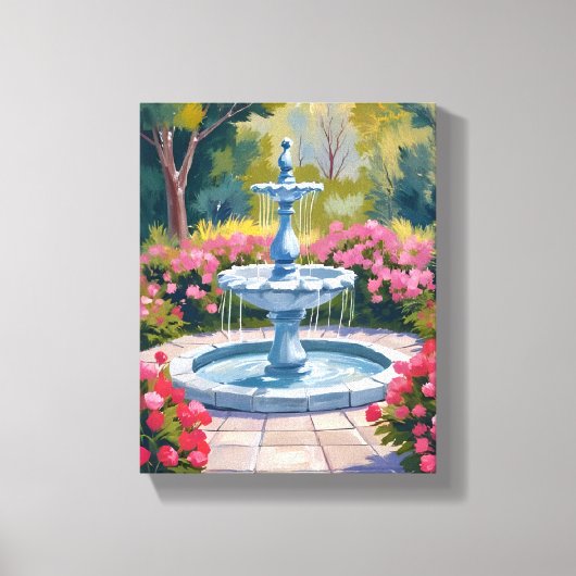 庭の噴水の花の絵 キャンバスプリント (正面)
