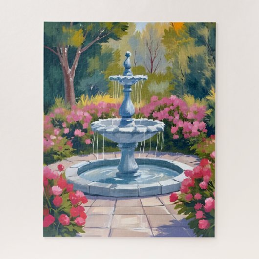 庭の噴水の花の絵 ジグソーパズル (縦)
