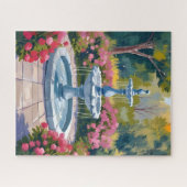 庭の噴水の花の絵 ジグソーパズル (横)