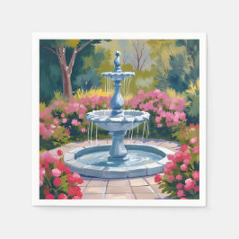 庭の噴水の花の絵 スタンダードカクテルナプキン